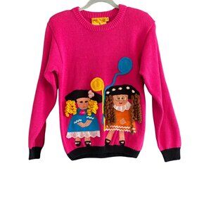 Vintage Wee Spree Girls Pink Sweater With Doll Appliqués & Balloon Design 10/12